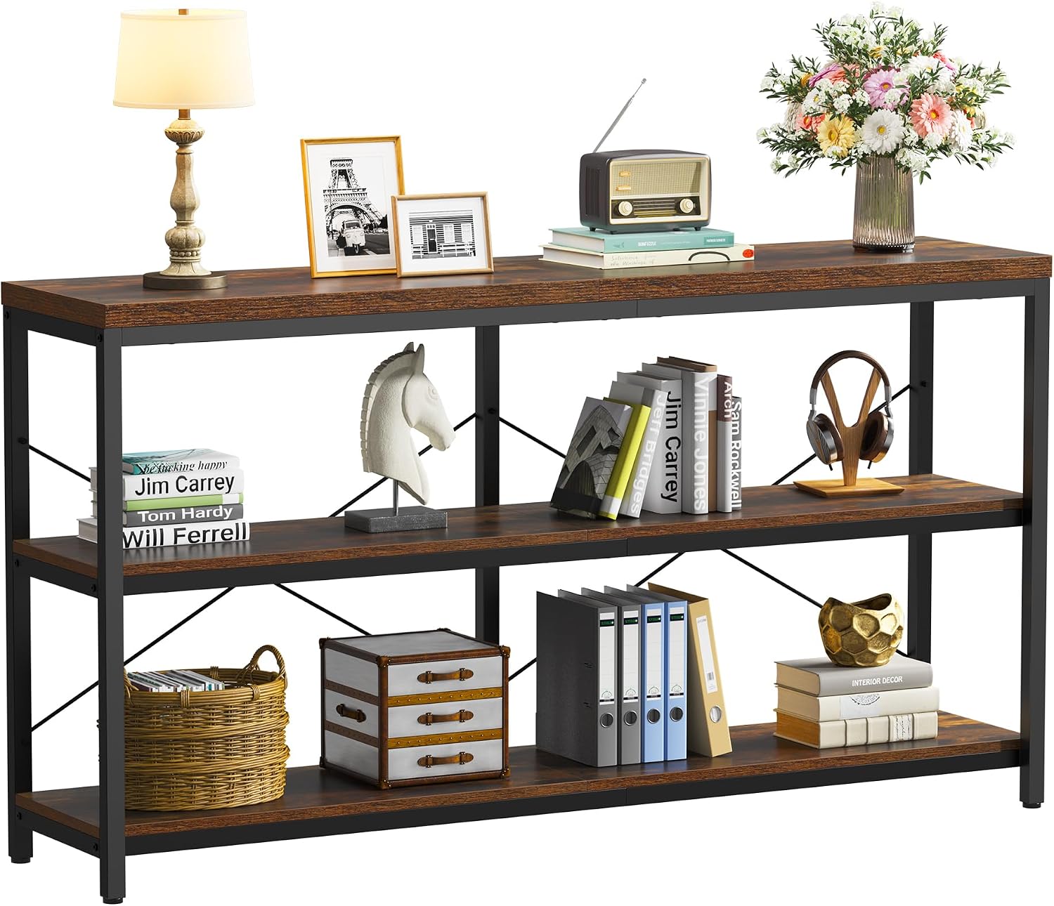 Bookcase Wood Shelf - 3-laags industriële boekenplank, brede houten horizontale