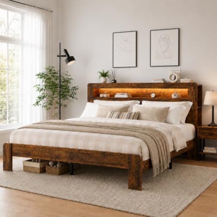Bookcase Wood Shelf - Houten bedframe met opbergruimte in het