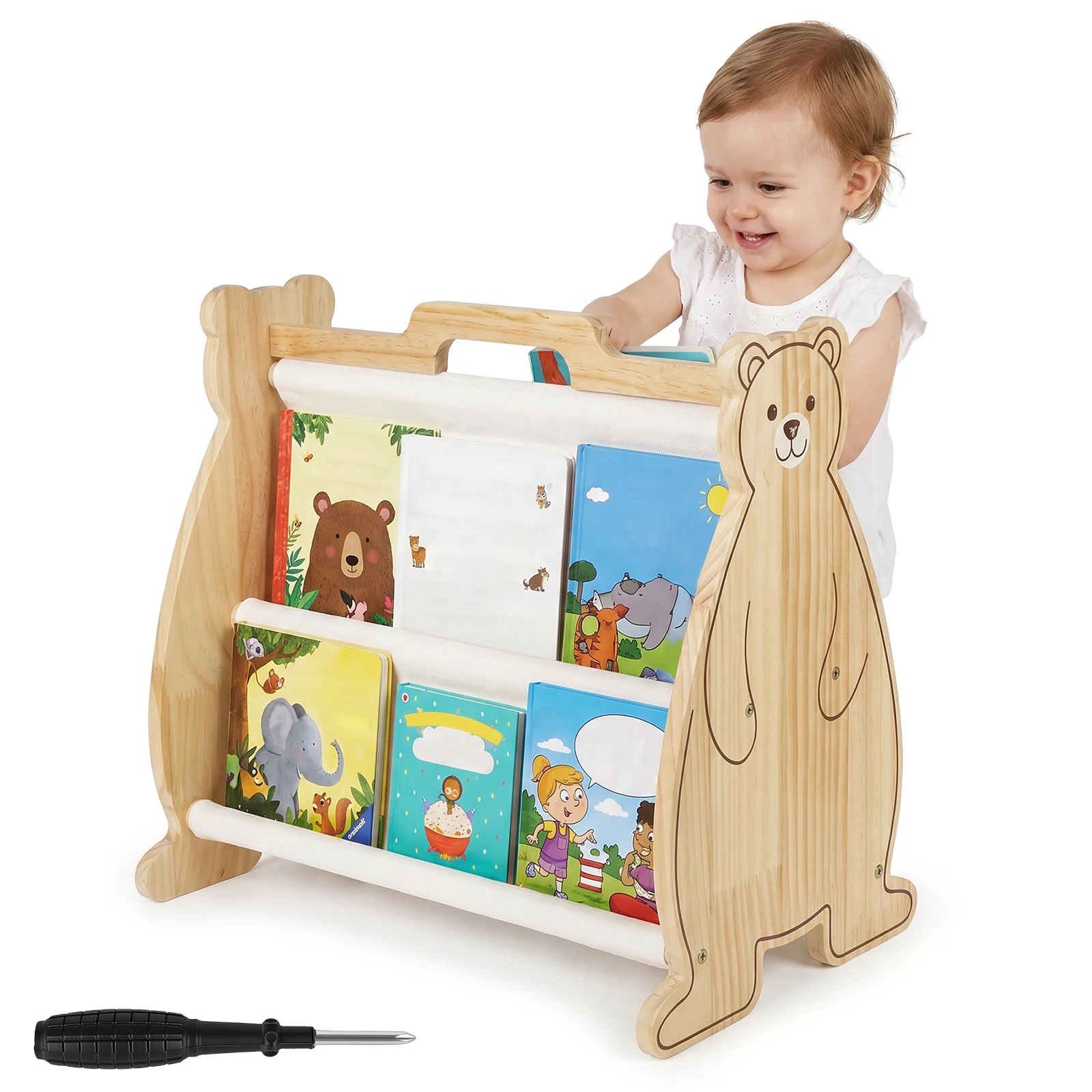 Bookcase Wood Shelf - Kinderboekenkast Dubbelzijdig Massief Houten Kinderboekenplank Verwijderbare