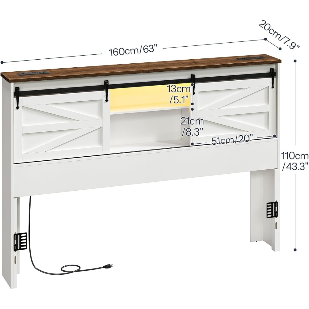 Bookcase Wood Shelf - Queen hoofdeinde met opbergplank, boerderijstijl, laadstation